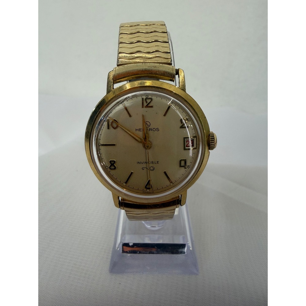 Vintage Helbros Invincible Gold Tone Watch Speidel Band Date France Manual Wind